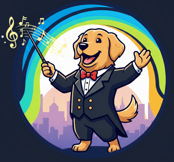 Music Buddy logo — a friendly golden retriever as an orchestra conductor